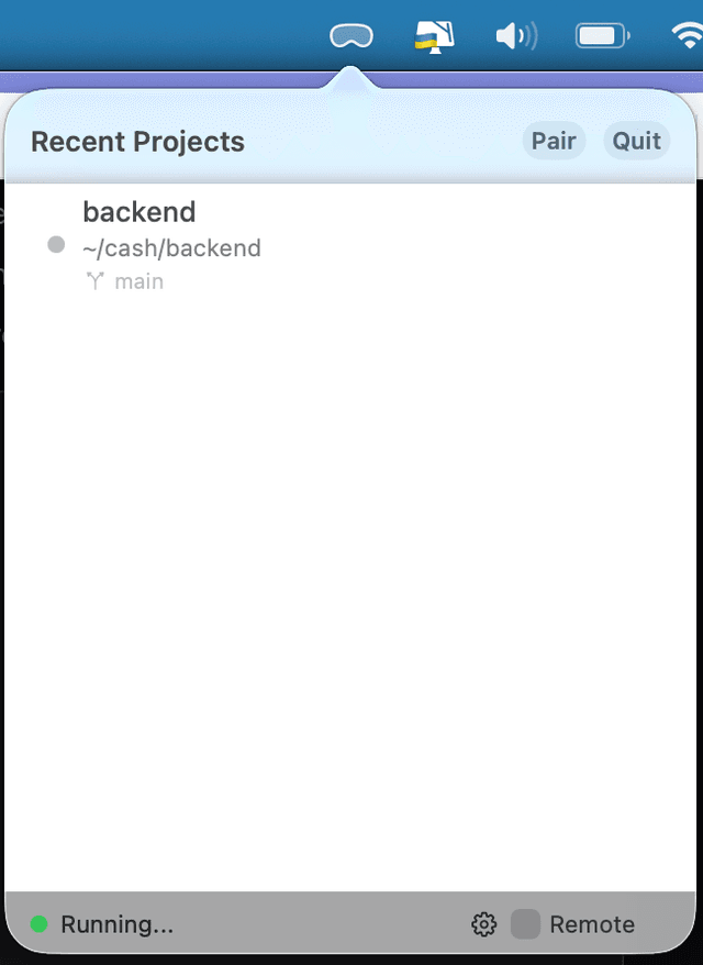 JarVS menu bar app on macOS showing recent projects