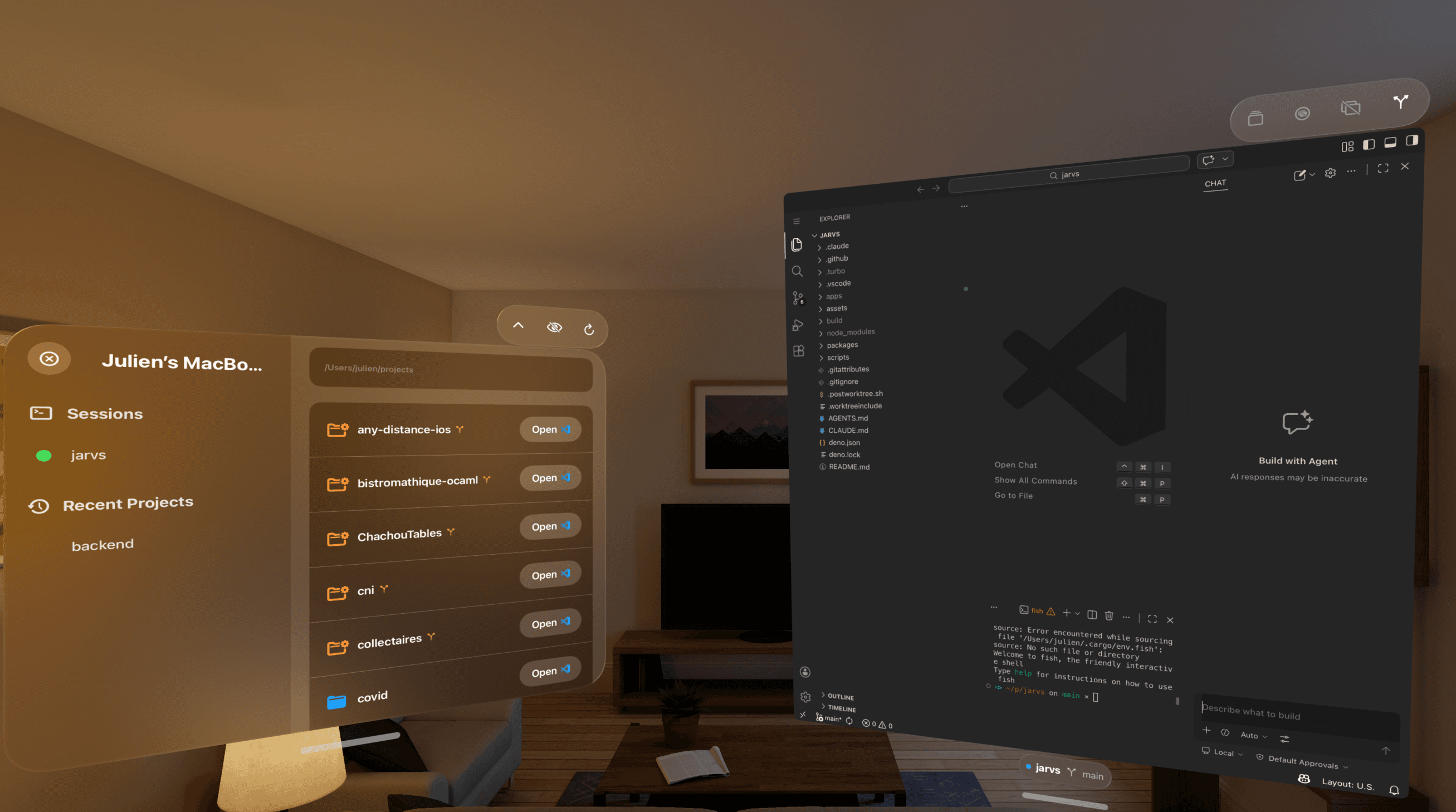 JarVS on Apple Vision Pro showing project list and a VSCode window