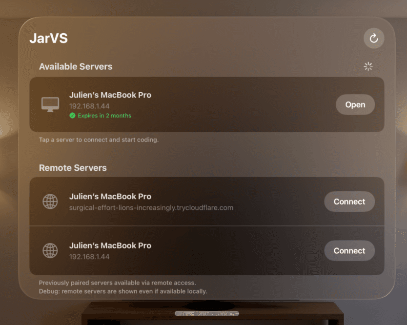 JarVS on Apple Vision Pro showing available servers and pairing options